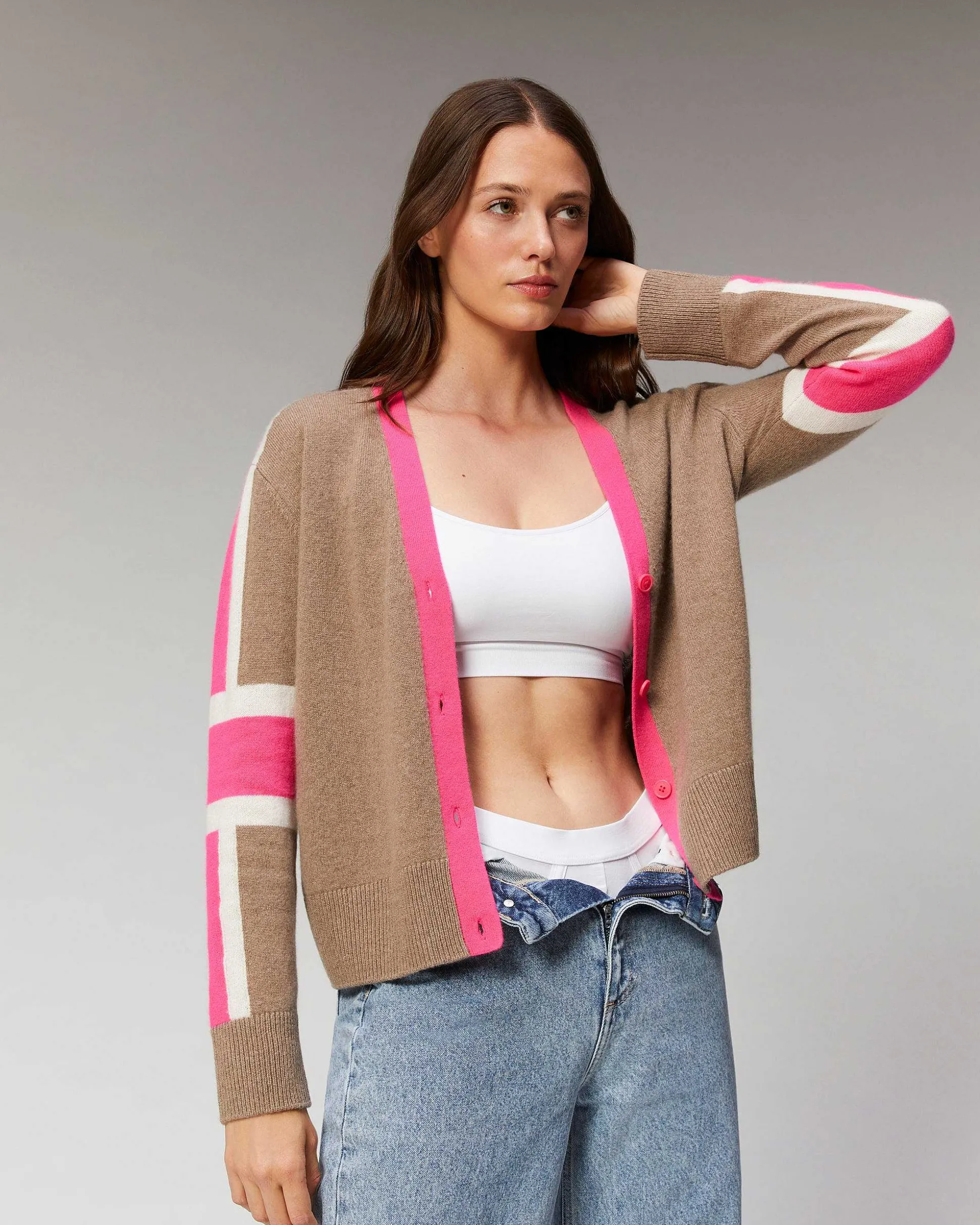 Pull Cardigan Manches Tricolore Leger