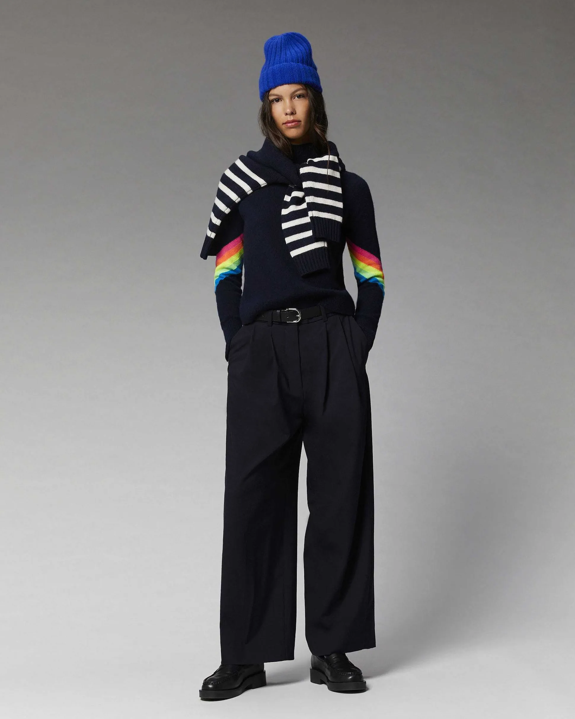 Pull Col Montant Bandes Manches Multico Leger