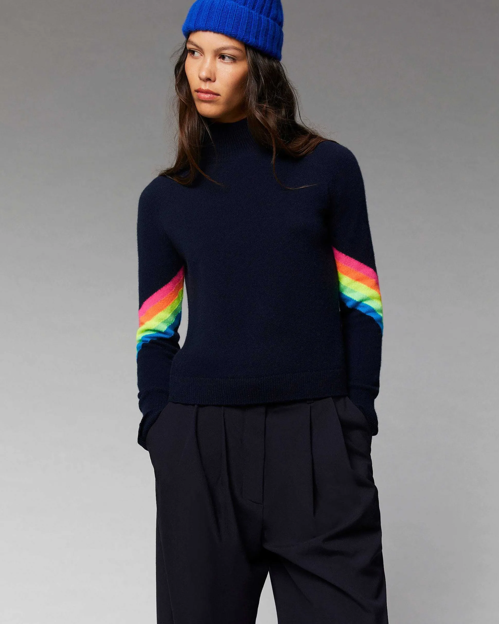 Pull Col Montant Bandes Manches Multico Leger