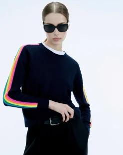 Pull Col Rond Bande Multicolore Aux Manches