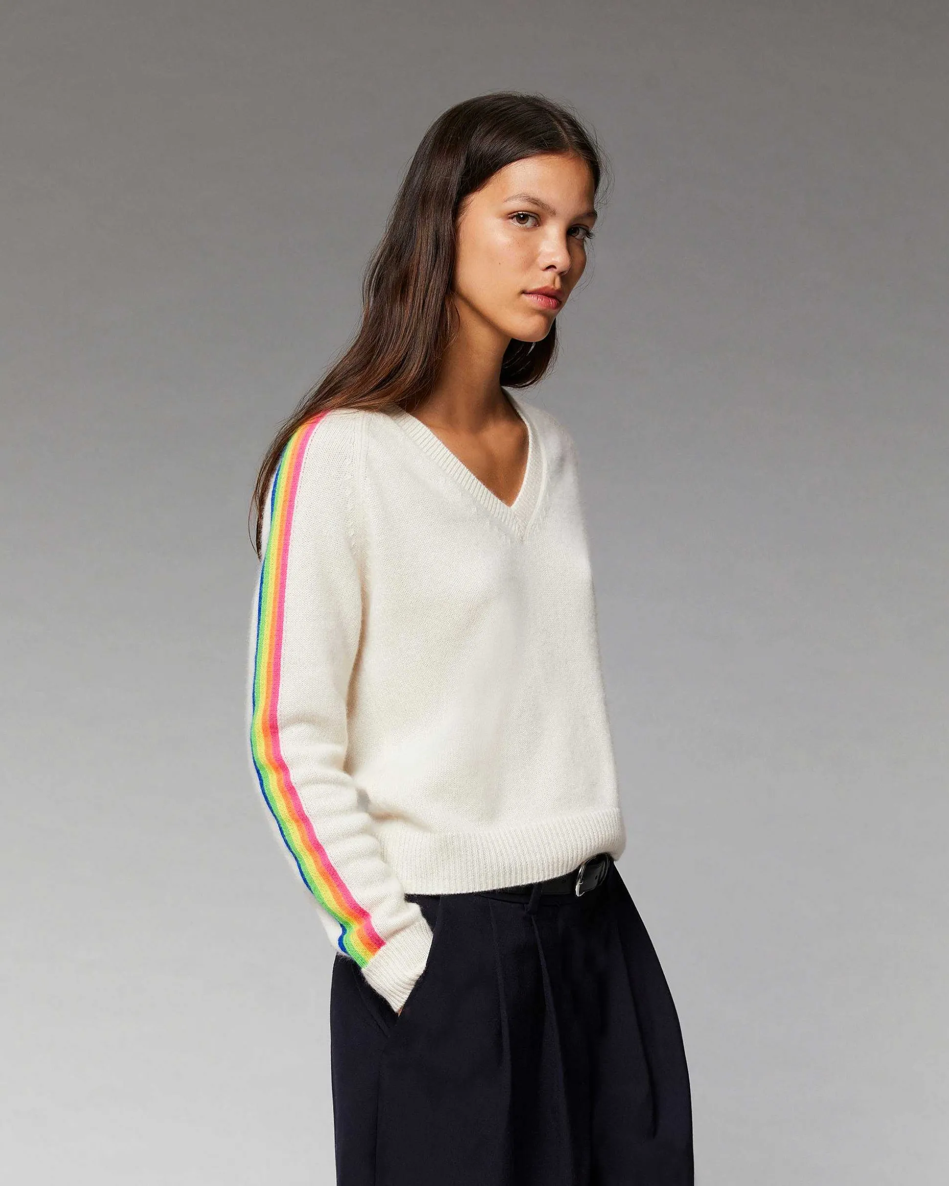 Pull Col V Bandes Manches Multicolore