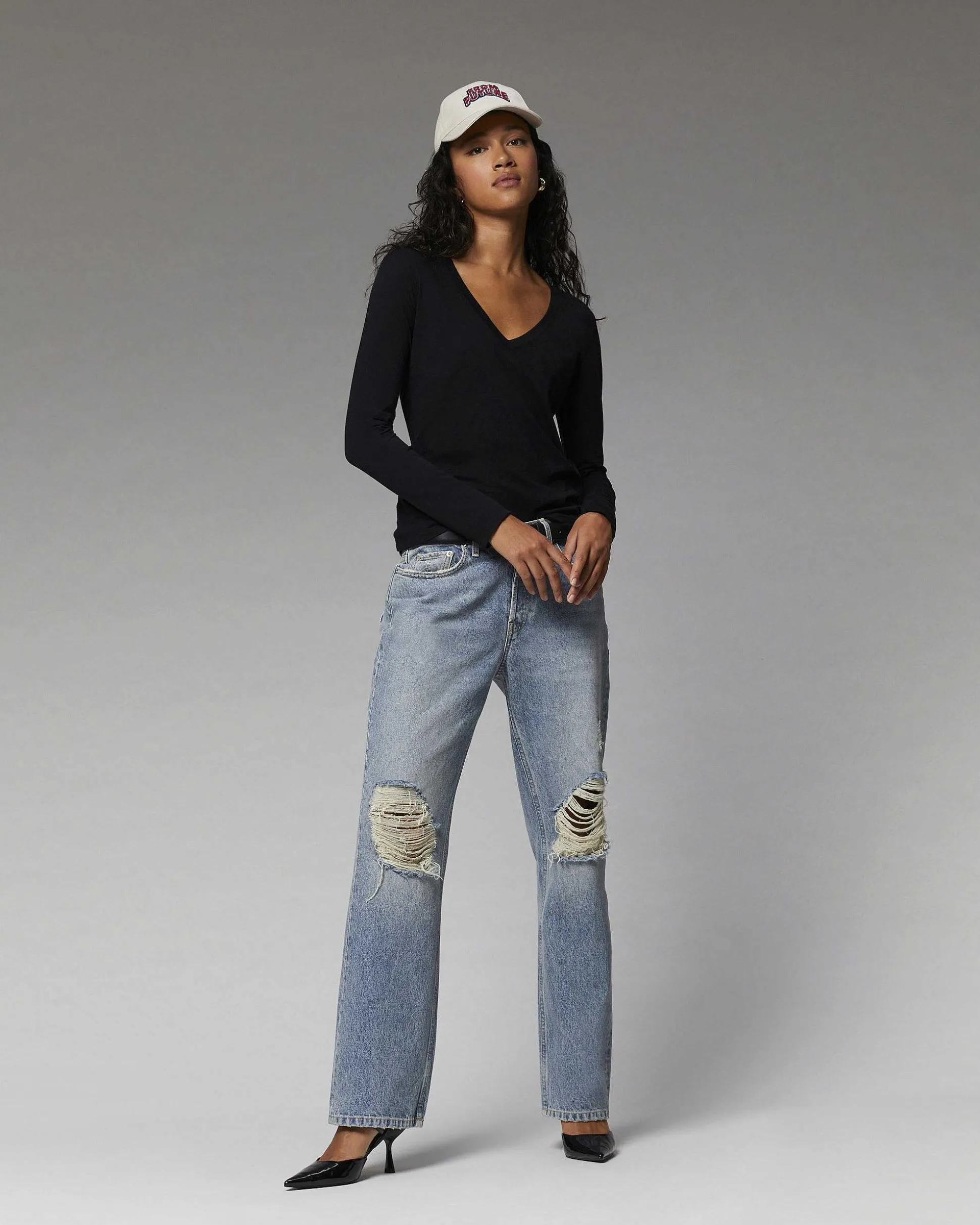 T-Shirt Col V Basique Manches Longues